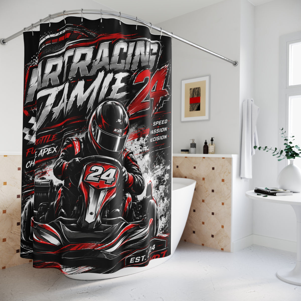 Kart Racing Shower Curtain mit dynamischem Kart-Design, Nummer 24, kräftigen Farben für Badezimmer-Dekor.