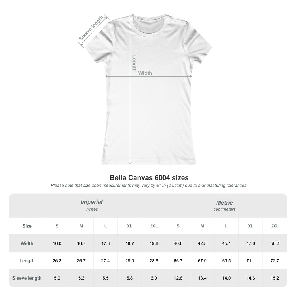 Größentabelle für das Kart Racing Women's Tee mit Bella Canvas 6004 Größenangaben.