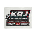 KRJ Kart Racing Blanket mit grafischem Design, schachbrettförmigen Flaggen und Text 'Speed | Passion | Lifestyle'.