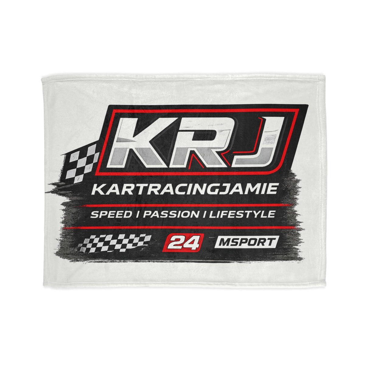 KRJ Kart Racing Blanket mit grafischem Design, schachbrettförmigen Flaggen und Text 'Speed | Passion | Lifestyle'.
