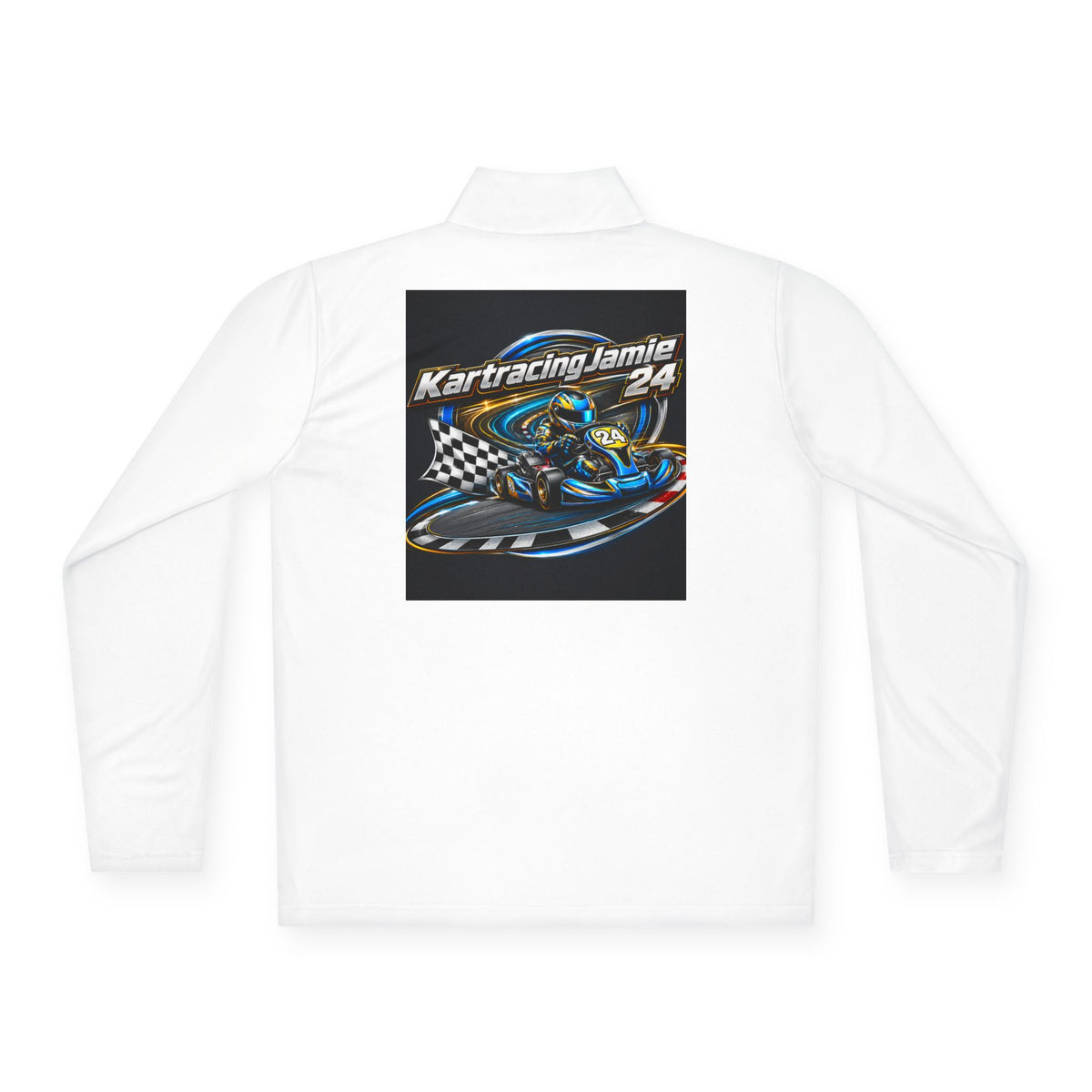 Kart Racing Quarter-Zip Pullover mit Grafiken und Motorsport-Design auf der Rückseite.