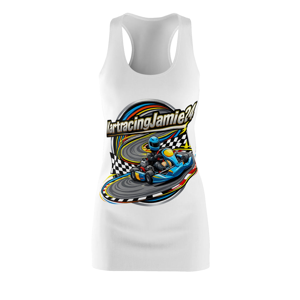 women's go-karting graphic dress featuring colorful kart design on a racerback tank top.