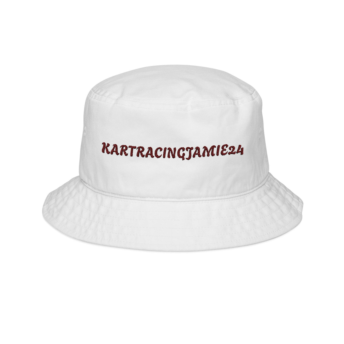 Embroidered Racing Bucket Hat in weiß mit KARTRACINGJAMIE24 Schriftzug auf der Vorderseite.