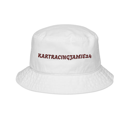 Embroidered Racing Bucket Hat in weiß mit KARTRACINGJAMIE24 Schriftzug auf der Vorderseite.