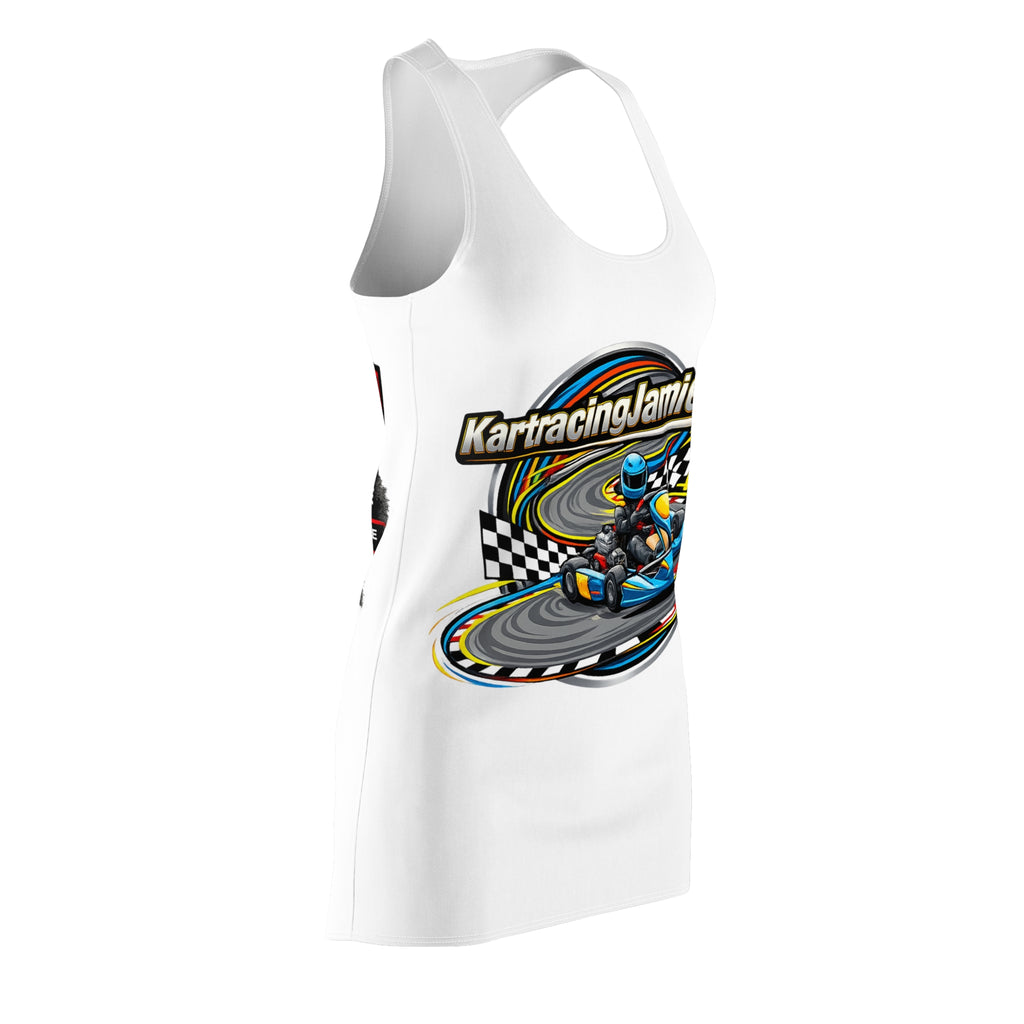 White racerback dress featuring a vibrant go-karting graphic, perfect for fans of kart racing and women's go-karting graphic dress.