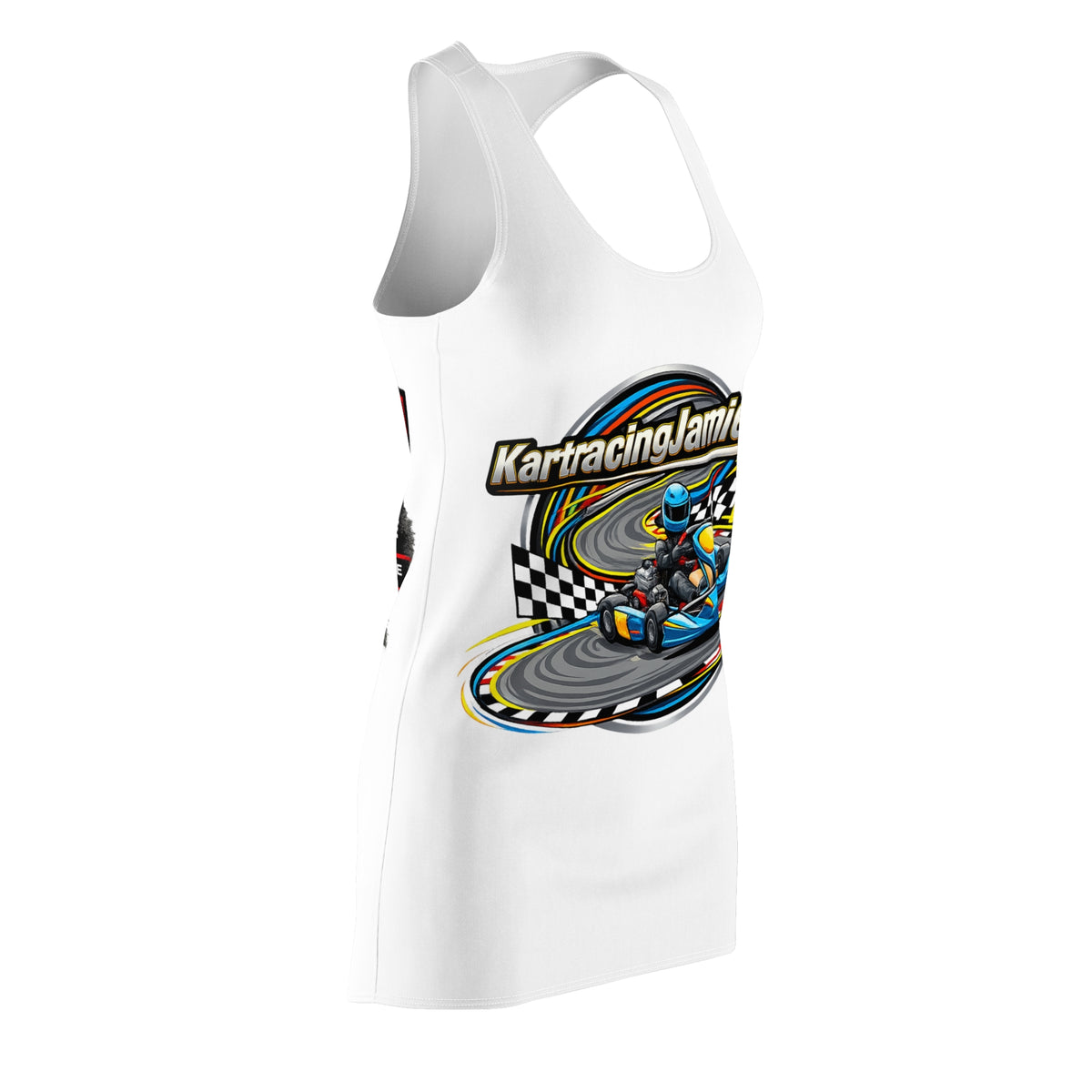 White racerback dress featuring a vibrant go-karting graphic, perfect for fans of kart racing and women's go-karting graphic dress.
