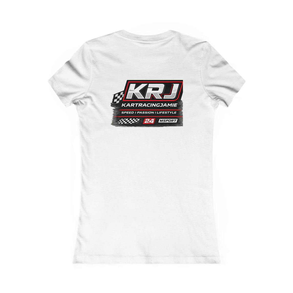 Kart Racing Women's Tee mit KRJ Logo und Rennsport Grafik auf der Rückseite.