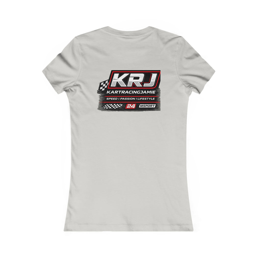 Rückansicht des Kart Racing Women's Tee mit KRJ Logo und sportlichem Grafikdesign.