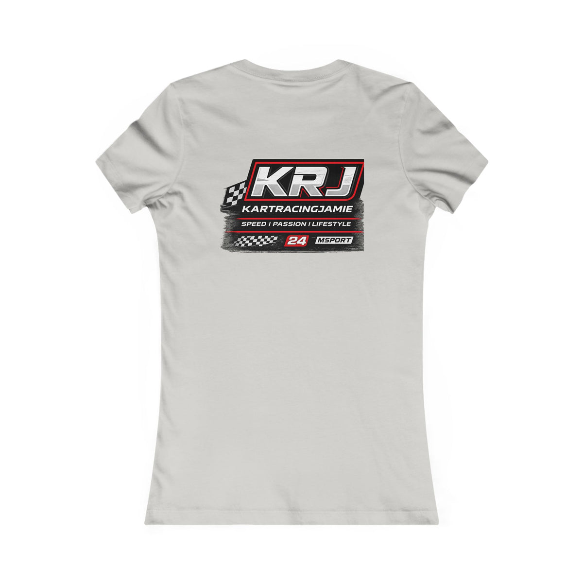 Rückansicht des Kart Racing Women's Tee mit KRJ Logo und sportlichem Grafikdesign.
