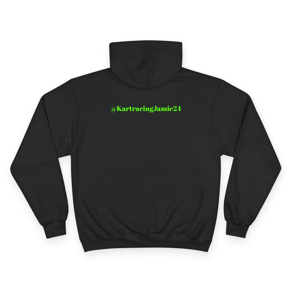 Rückansicht des Kartracing Champion Hoodies mit neonartigem Schriftzug @KartracingJamie21