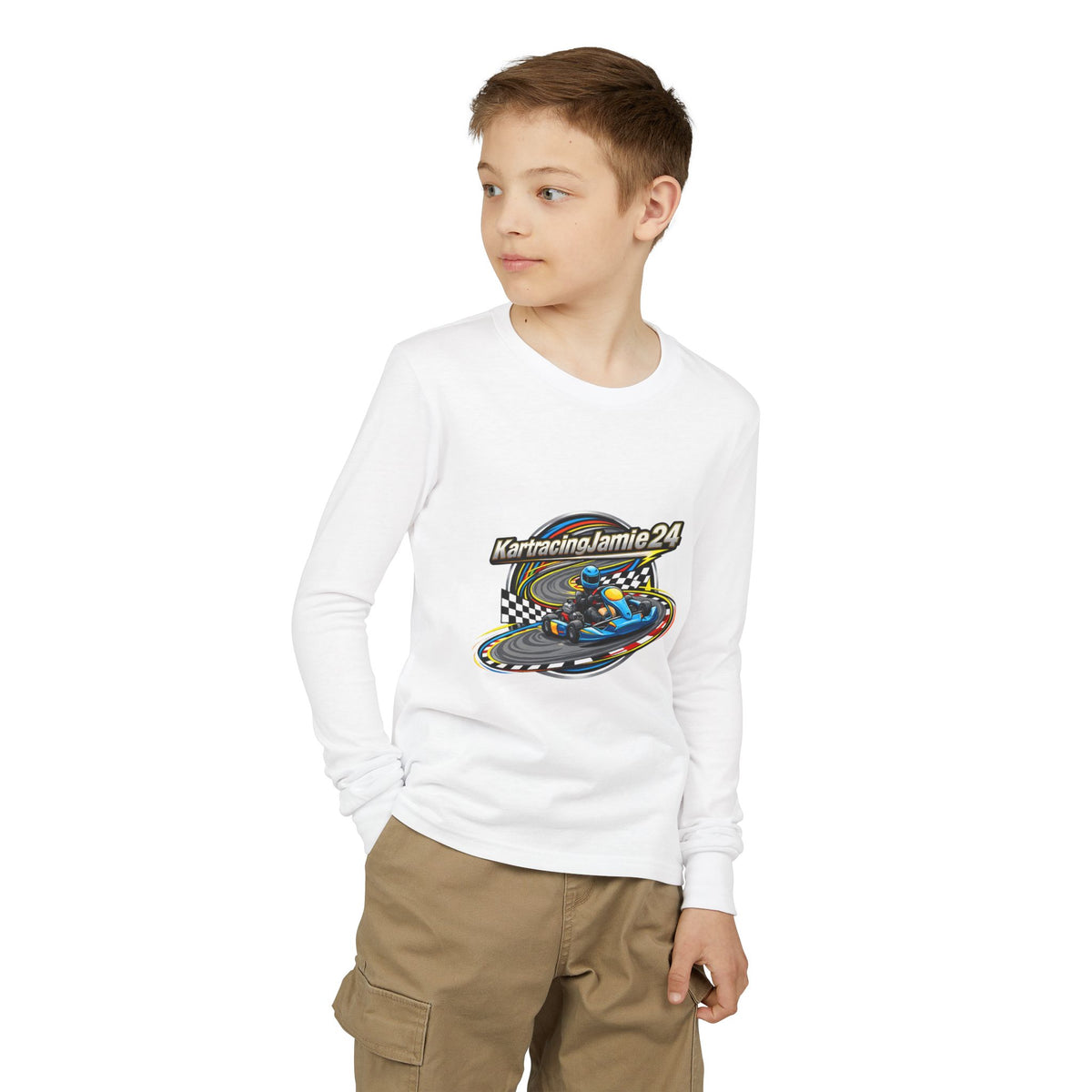 Youth Racing Long Sleeve Shirt mit Kart-Design, perfekter Stil für junge Motorsport-Fans.
