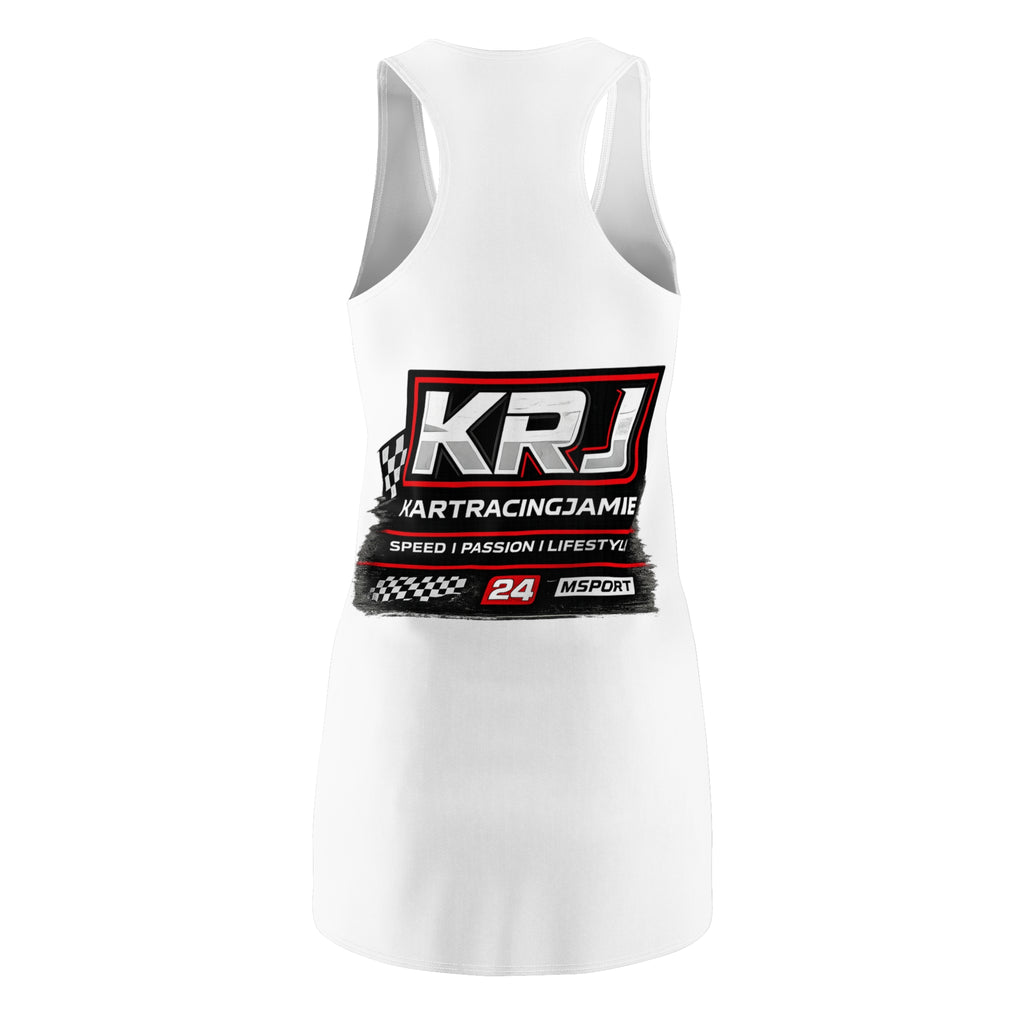 Women's go-karting graphic dress featuring a racerback design and vibrant kart racing graphics on the back.