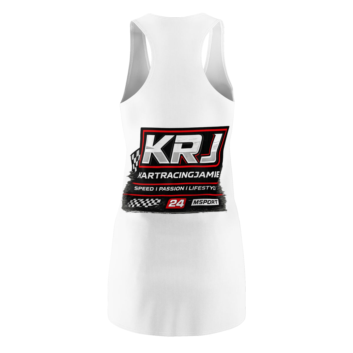 Women's go-karting graphic dress featuring a racerback design and vibrant kart racing graphics on the back.