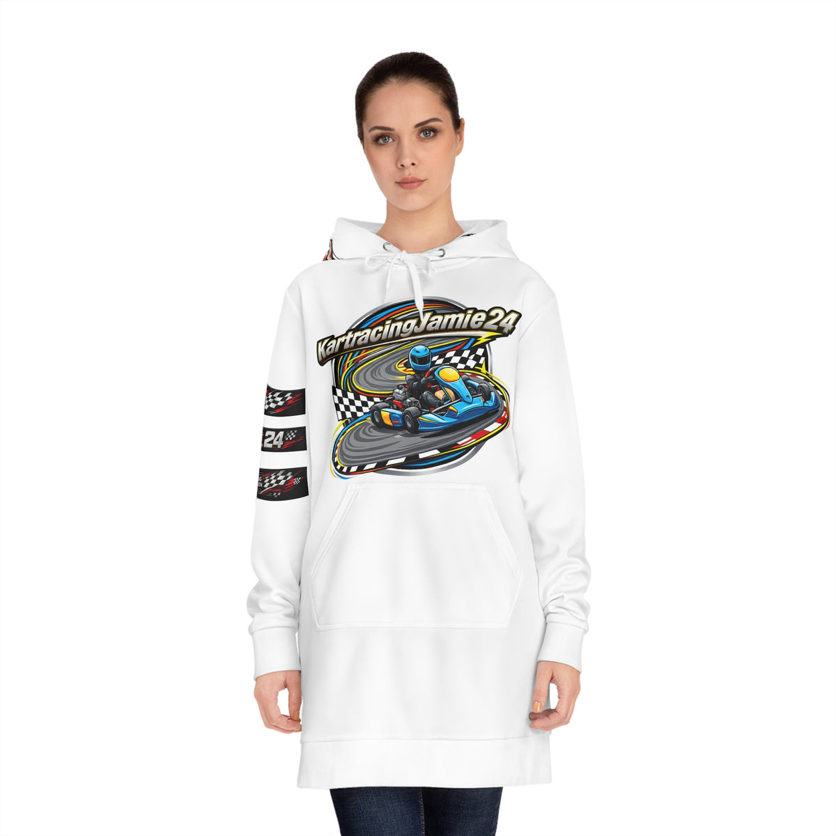 Go-Kart Racing Hoodie Dress mit Rennsport-Grafik für Frauen, ideal für Motorsport-Enthusiasten.