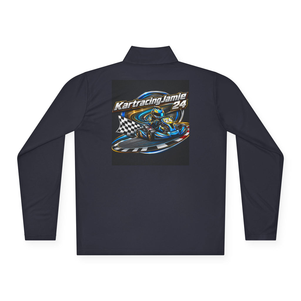 Kart Racing Quarter-Zip Pullover mit Kart-Design auf der Rückseite, ideal für Motorsportfans und Fahrer.