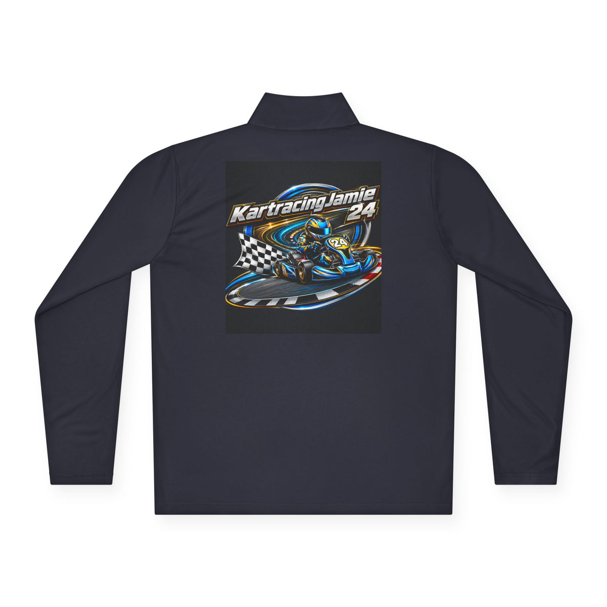 Kart Racing Quarter-Zip Pullover mit Kart-Design auf der Rückseite, ideal für Motorsportfans und Fahrer.