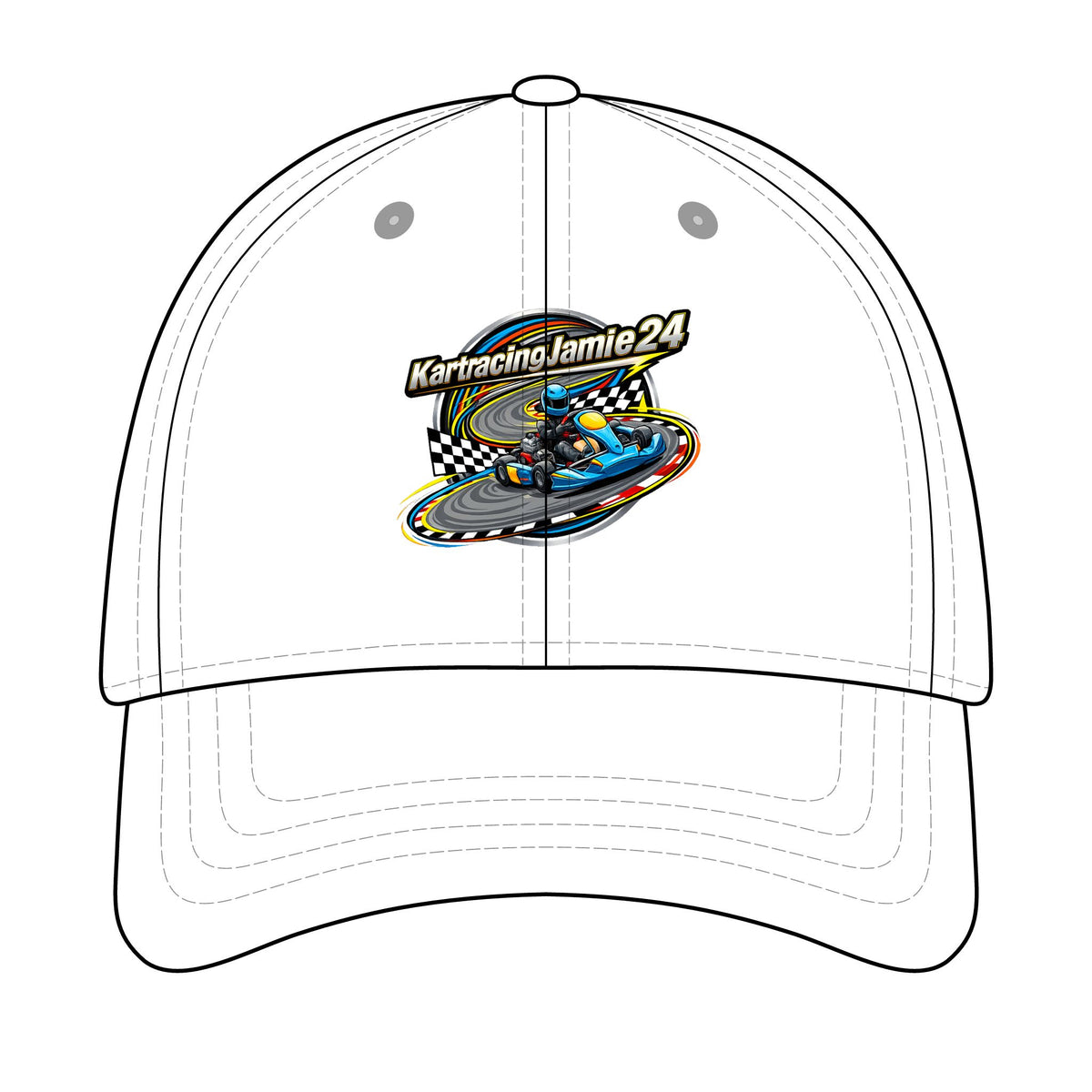 Jamie24 Racing Logo Cap – Weißer Baseballhut mit gesticktem Kart-Racing-Logo, ideal für Rennsportfans.