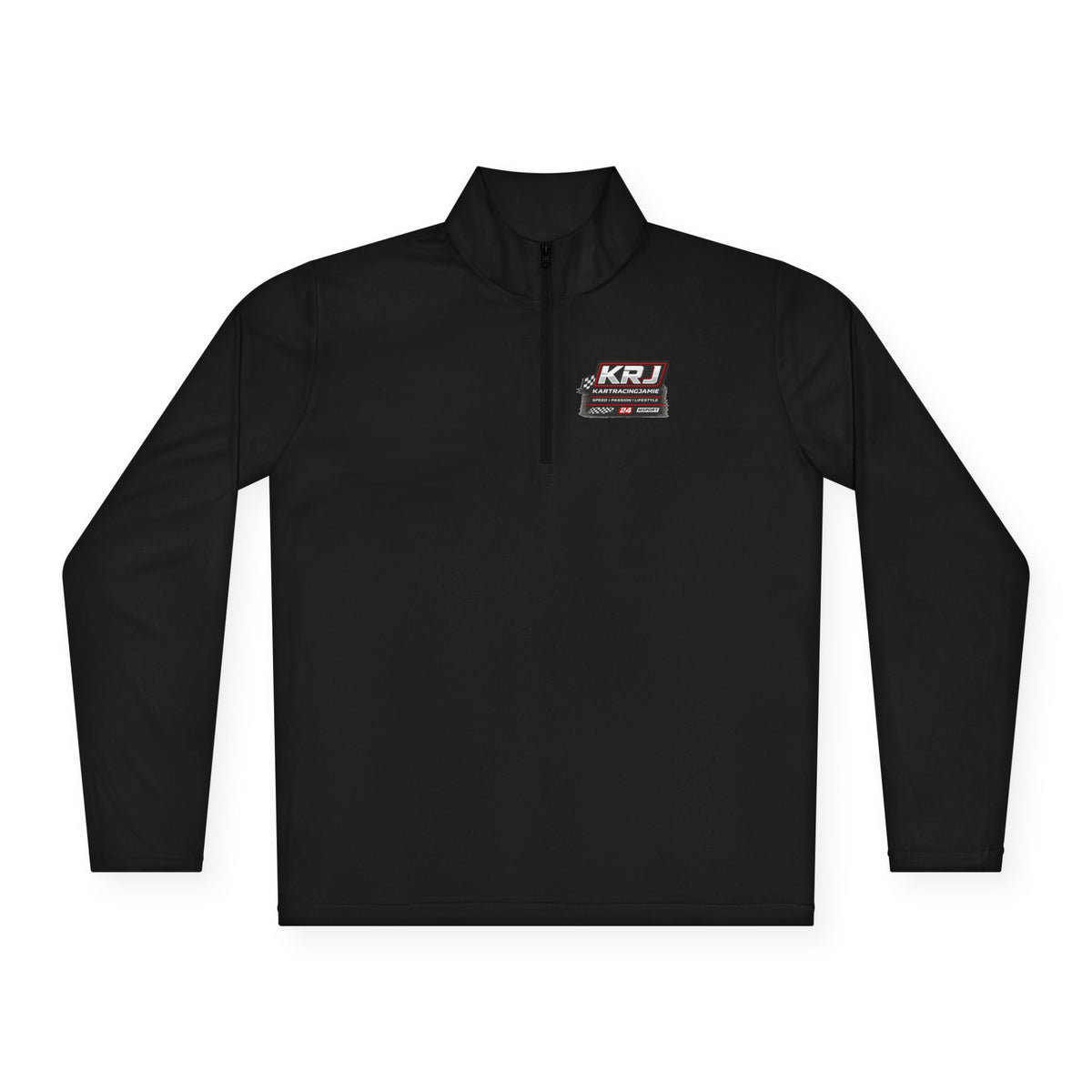 Kart Racing Quarter-Zip Pullover in black featuring KRJ logo, designed for performance and comfort in motorsport.