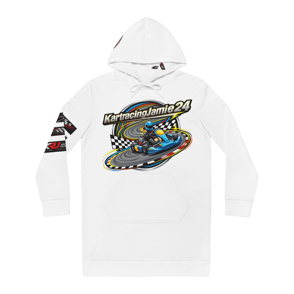 go-kart racing hoodie dress in weiß mit buntem Kart-Design und Kapuze für Frauen