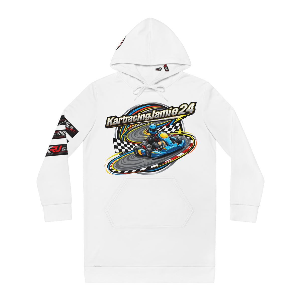 go-kart racing hoodie dress in weiß mit buntem Kart-Design und Kapuze für Frauen