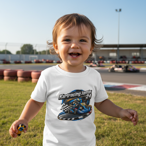 Ein lächelndes Kleinkind trägt ein Go-Kart Racing Infant T-Shirt auf der Rennbahn.