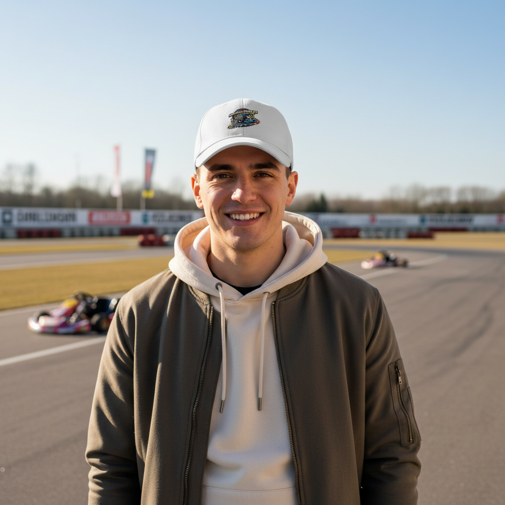 Jamie24 Racing Logo Cap – Junger Mann mit Kart-Rennstrecke im Hintergrund und einem lächelnden Gesicht.