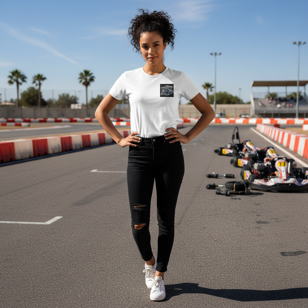 Kart Racing Women's Tee getragen von einer Frau auf einer Rennstrecke, mit KRI Logo und Racing Grafik.