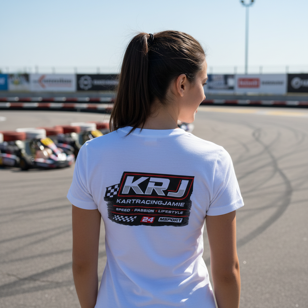 Kart Racing Women's Tee mit KRI Logo und auffälligem Grafikdesign auf dem Rücken, sportlicher Look auf der Rennstrecke.