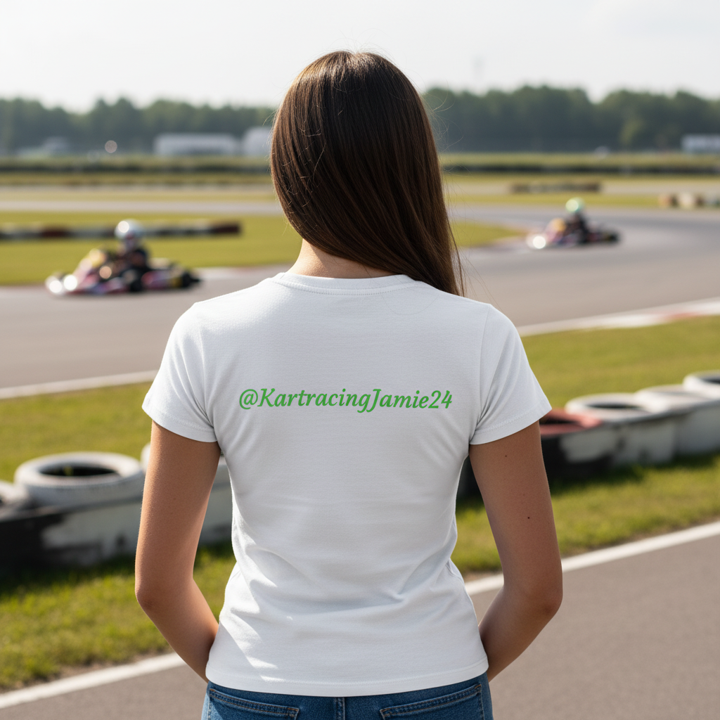 kart racing women's t-shirt von hinten, mit grünem Schriftzug @KartracingJamie24, auf einer Rennstrecke.