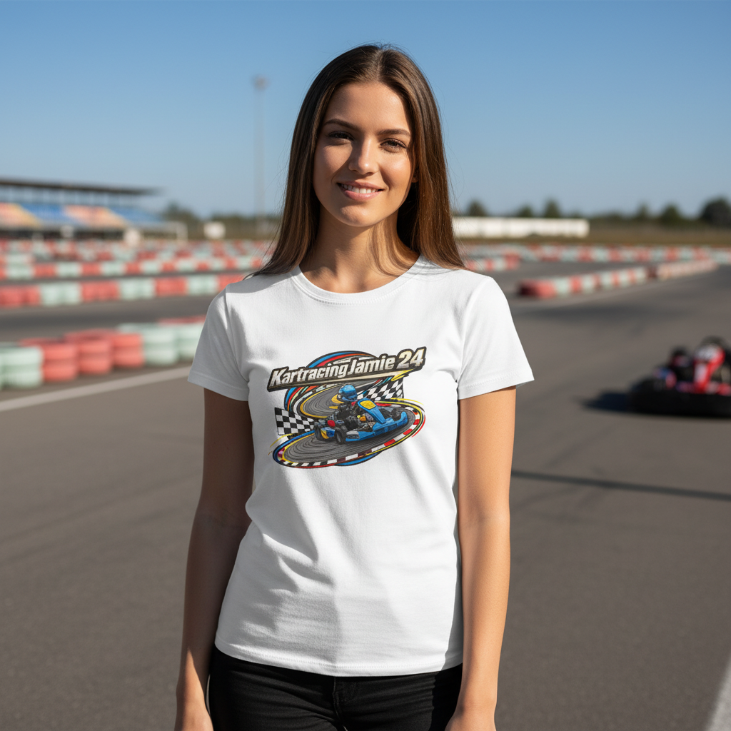kart racing women's t-shirt mit lebendigem Grafikdesign und Rennthema, ideal für Kart-Rennsport-Fans.