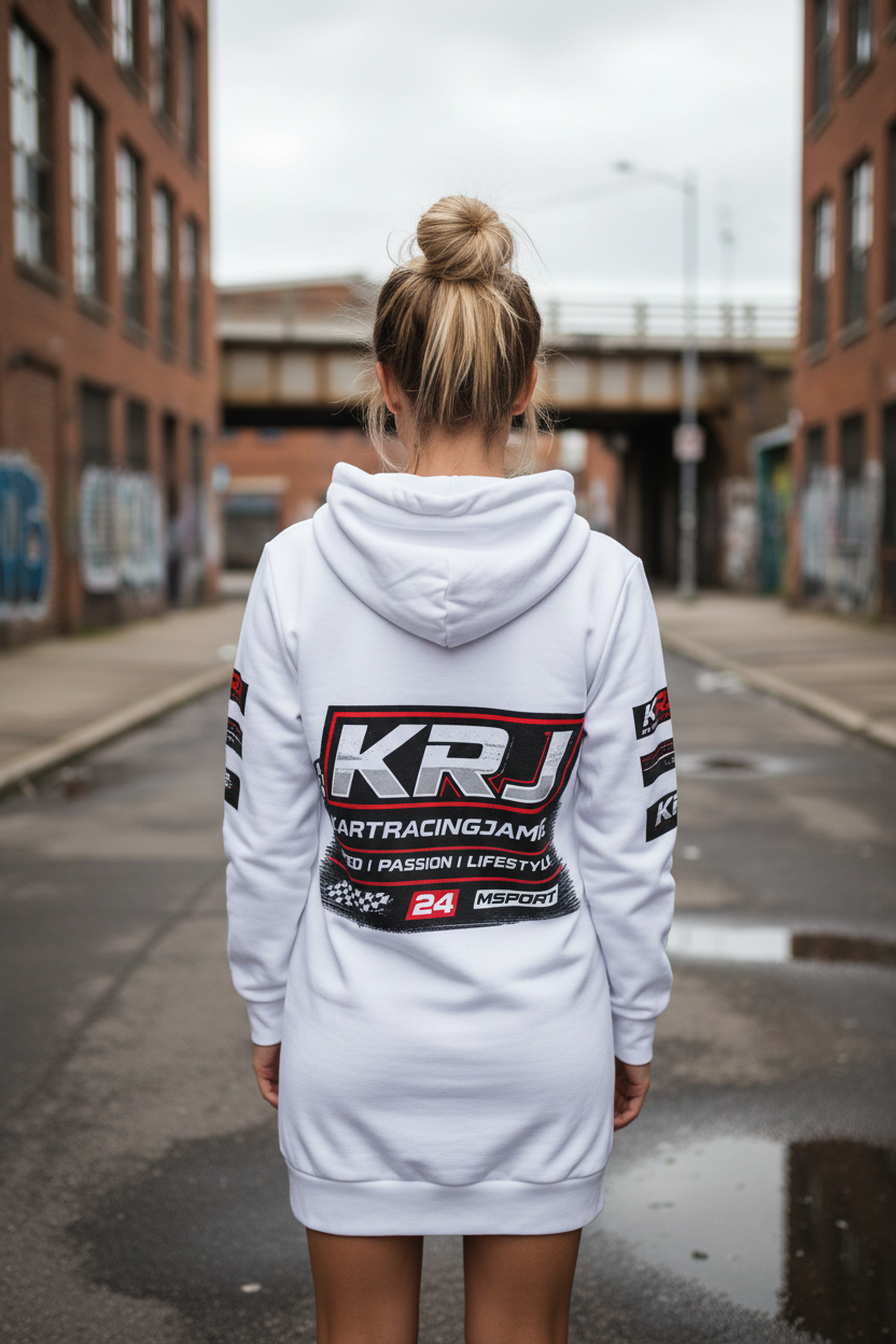 Rückansicht einer Frau in einem weißen go-kart racing hoodie dress mit auffälligen Grafiken.