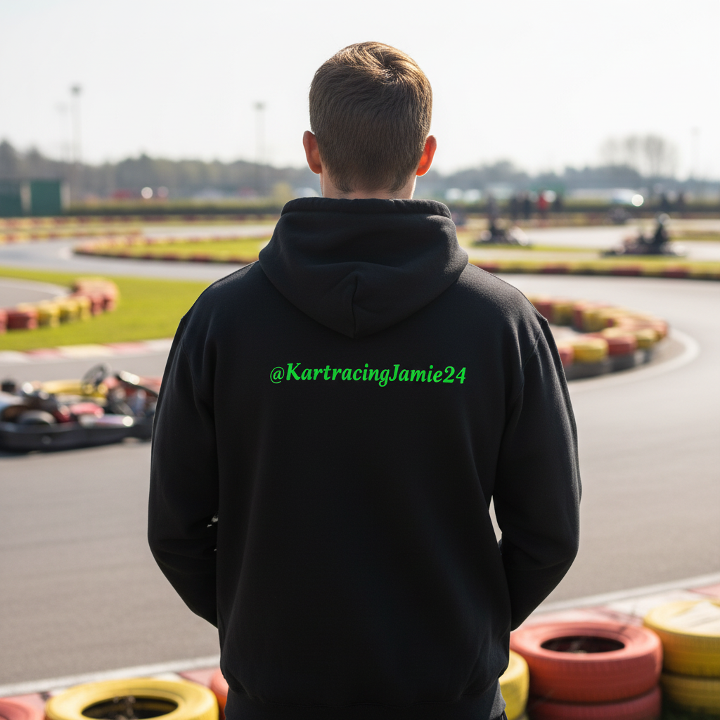 Der Träger trägt den kartracing champion hoodie an einer Kartbahn mit Rennfahrern im Hintergrund