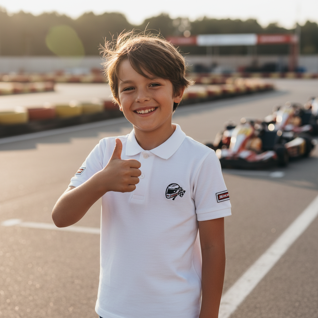 Ein Junge zeigt Daumen hoch in einem Kids Racing Polo Shirt auf einer Kartbahn.
