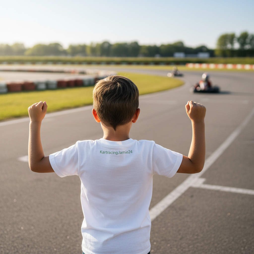 Kids kart racing t-shirt: Ein Junge jubelt am Kart-Rennstrecke mit Go-Karts im Hintergrund.
