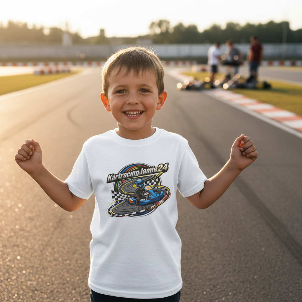 Kids kart racing t-shirt mit fröhlichem Kind auf einer Rennstrecke, das für junge Rennsportfans entworfen wurde.