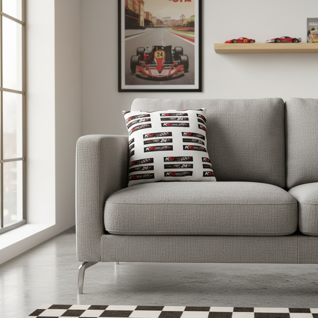 Racing Outdoor Pillow auf grauem Sofa mit Motorsportgrafiken als stilvolle Dekoration