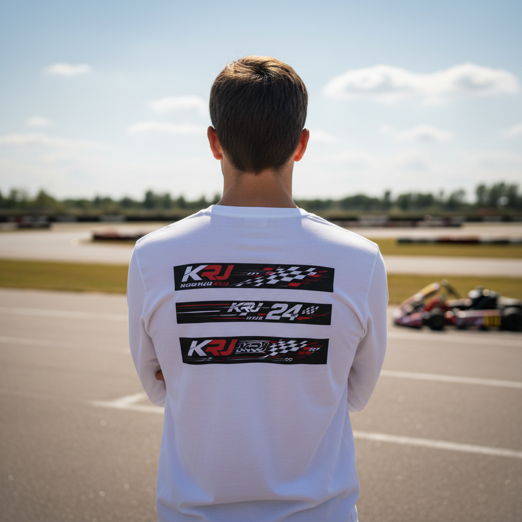 Junger Rennfahrer trägt ein Youth Racing Long Sleeve Shirt mit Kart-Design, ideal für Rennsport-Enthusiasten.