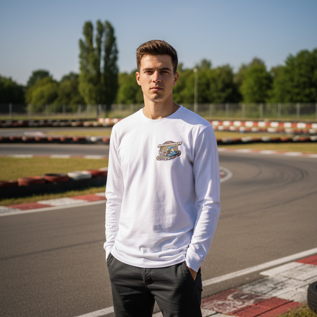 Junger Mann im Youth Racing Long Sleeve Shirt auf einem Kartbahn-Hintergrund, bereit für das nächste Rennen.