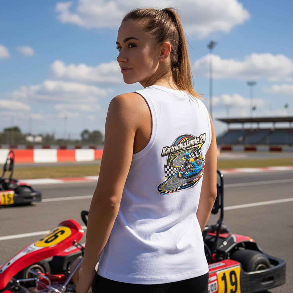Go-Kart Racing Women's Tank Top von Team KRJ 24 mit künstlerischem kariertem Design auf dem Rücken.