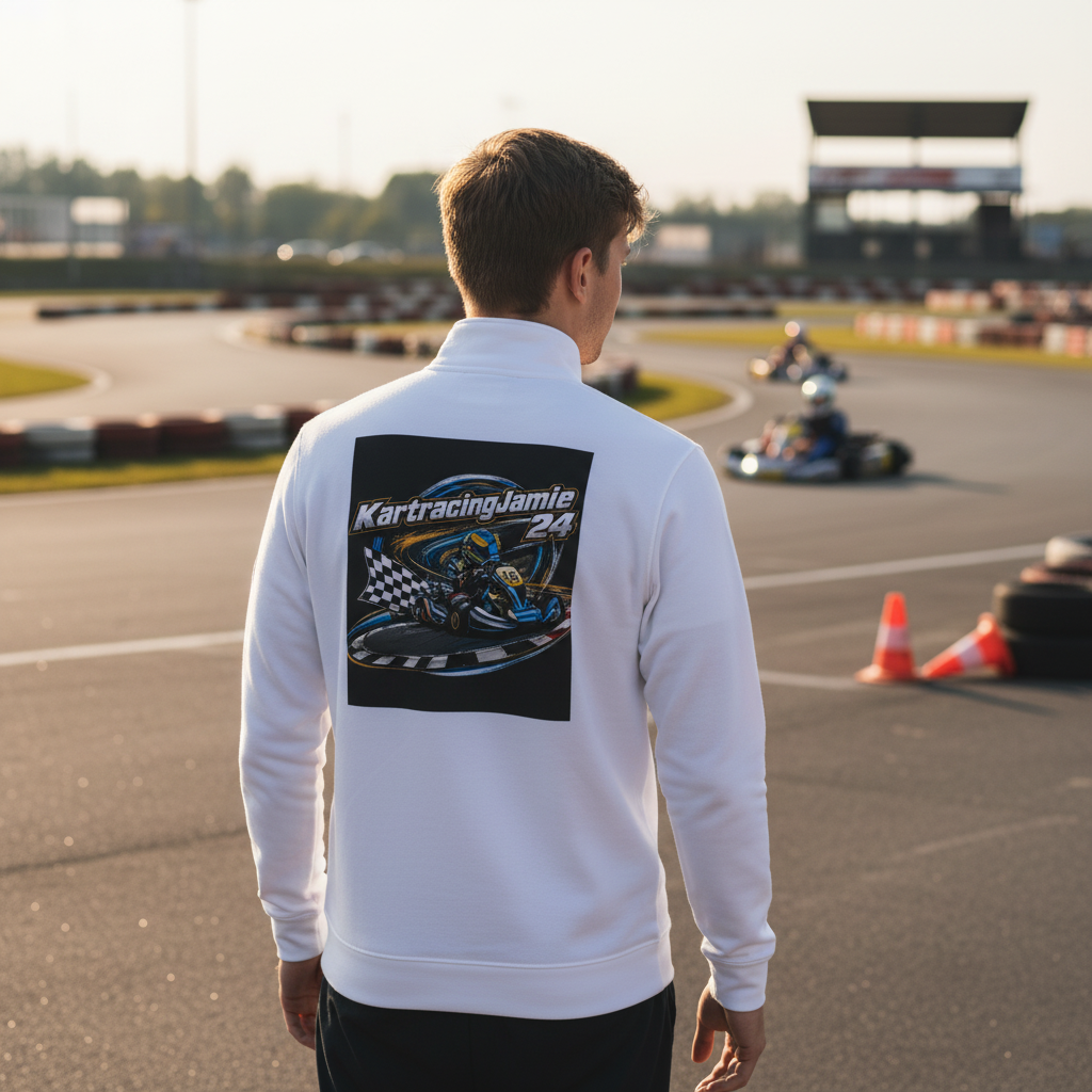 Mann trägt Kart Racing Quarter-Zip Pullover mit auffälligem Druck auf der Rückseite auf einer Kartbahn.