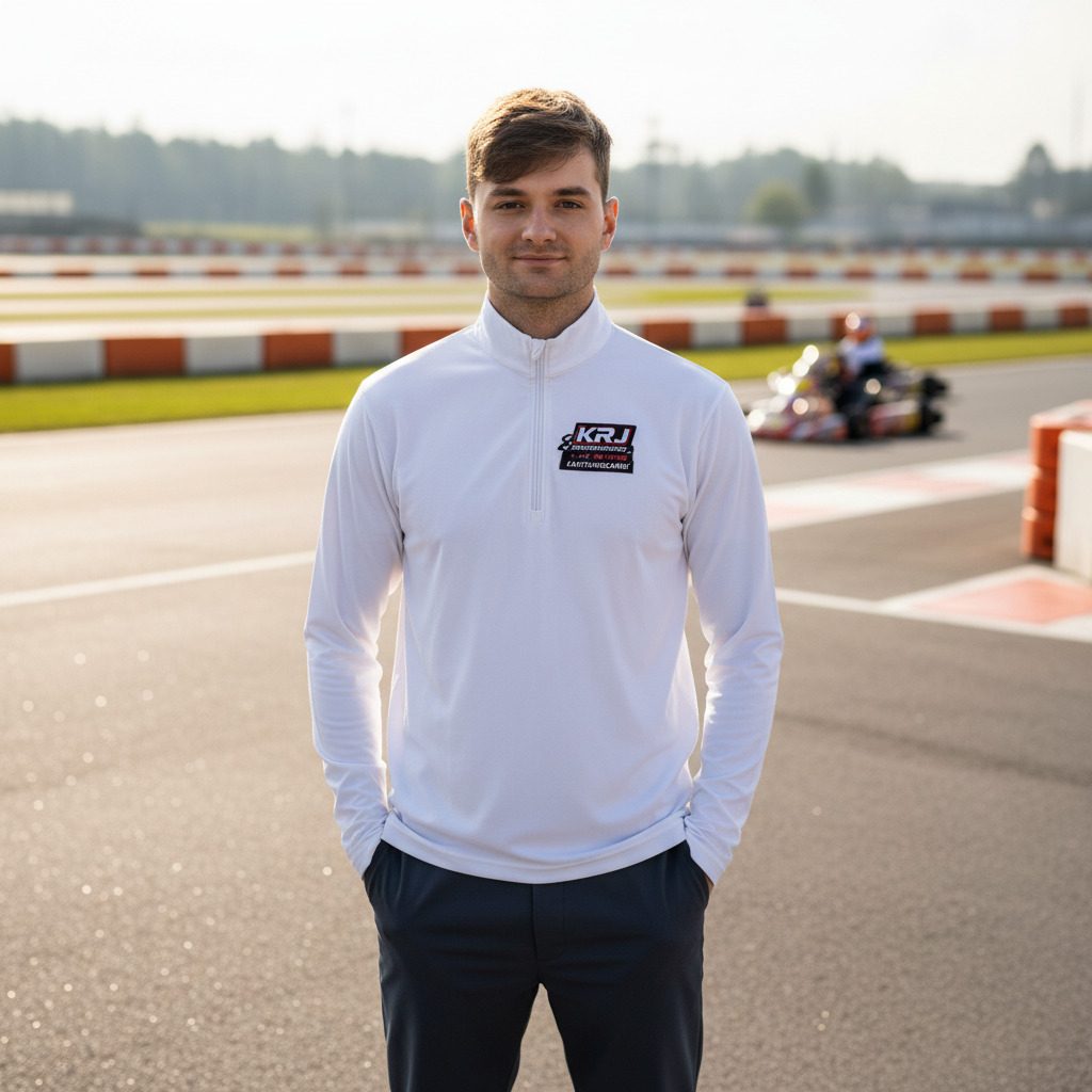 Kart Racing Quarter-Zip Pullover getragen von einem Fahrer auf der Rennstrecke, ideal für Motorsport-Fans und Fahrer.