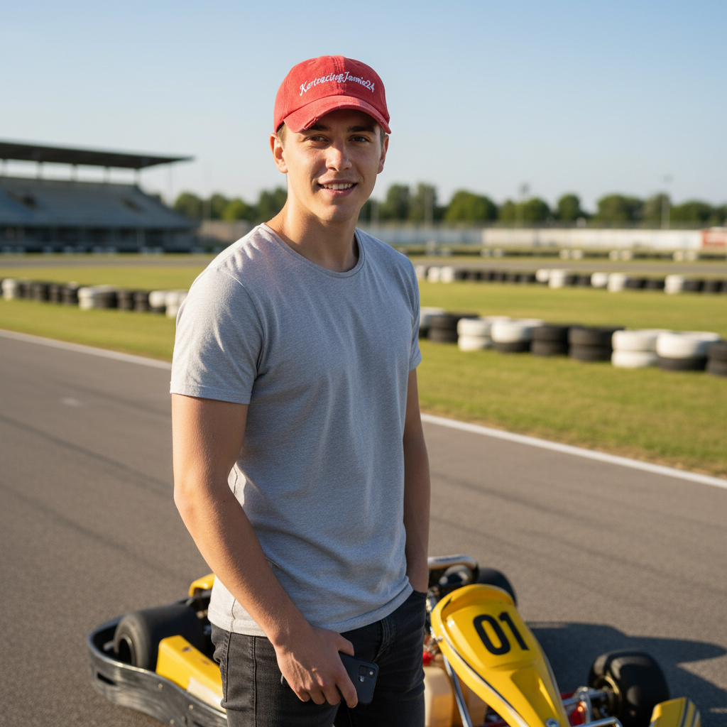 Junger Mann mit roter Vintage Embroidered Baseball Cap auf einer Rennstrecke neben einem Kart.