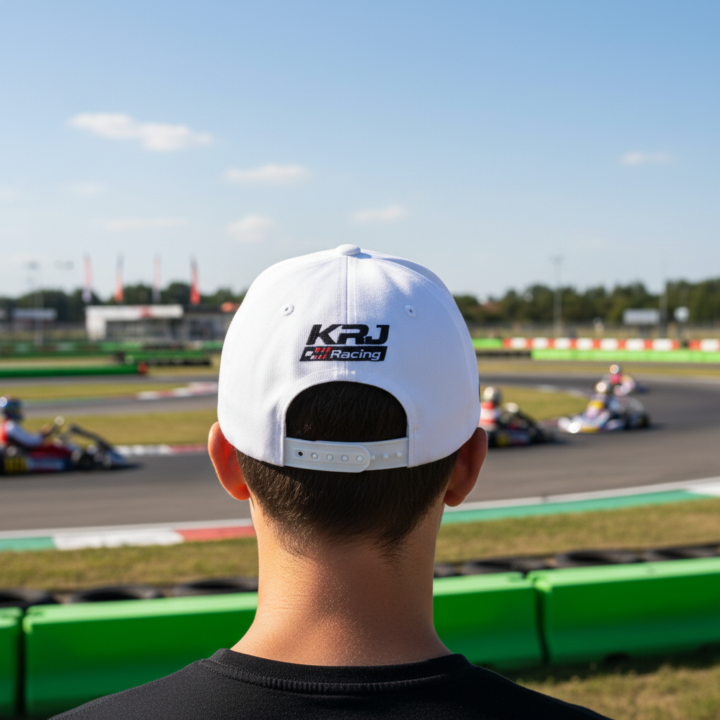 Racing Team 24 Embroidered Snapback Cap worn by a person at a karting track, featuring a detailed racing design.