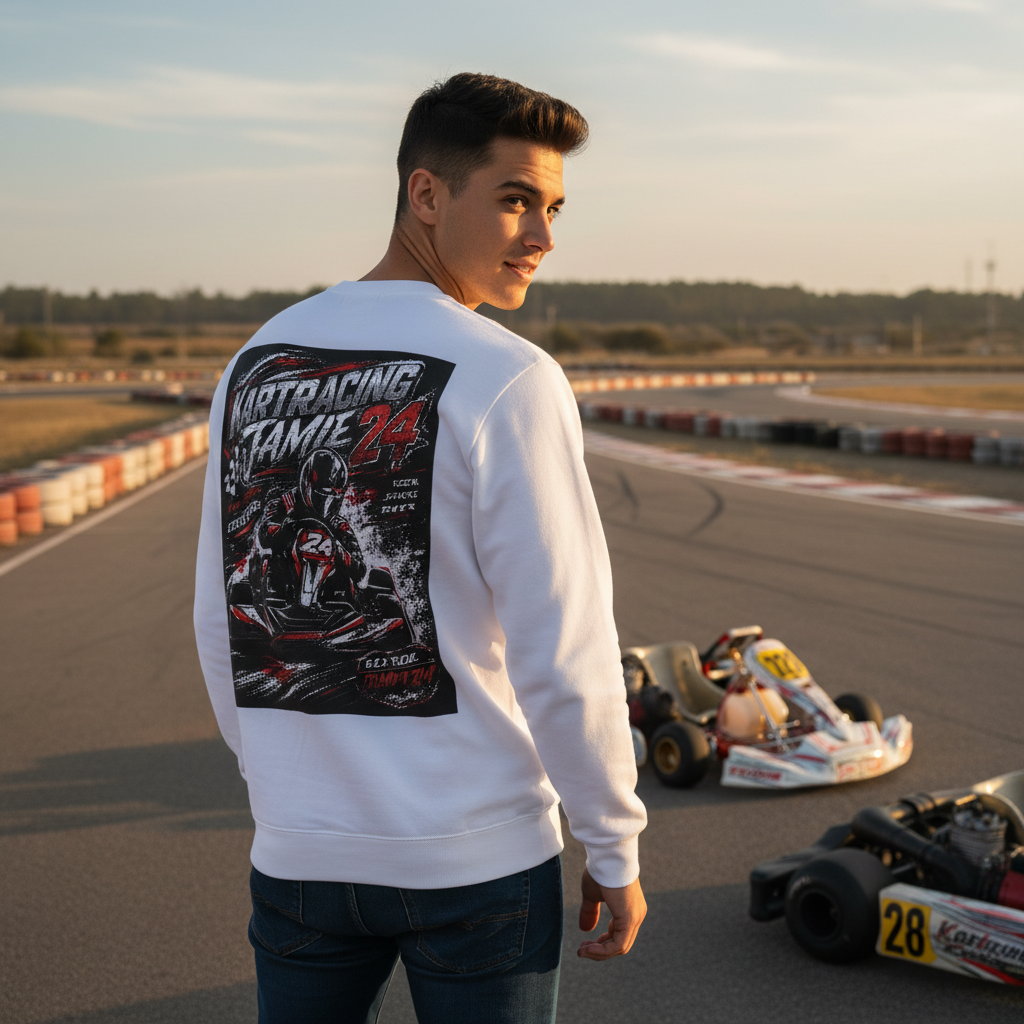 Mann trägt Go-Kart Racing Crewneck Sweatshirt mit Rennmotiven bei Kartbahn, umgeben von Go-Karts.