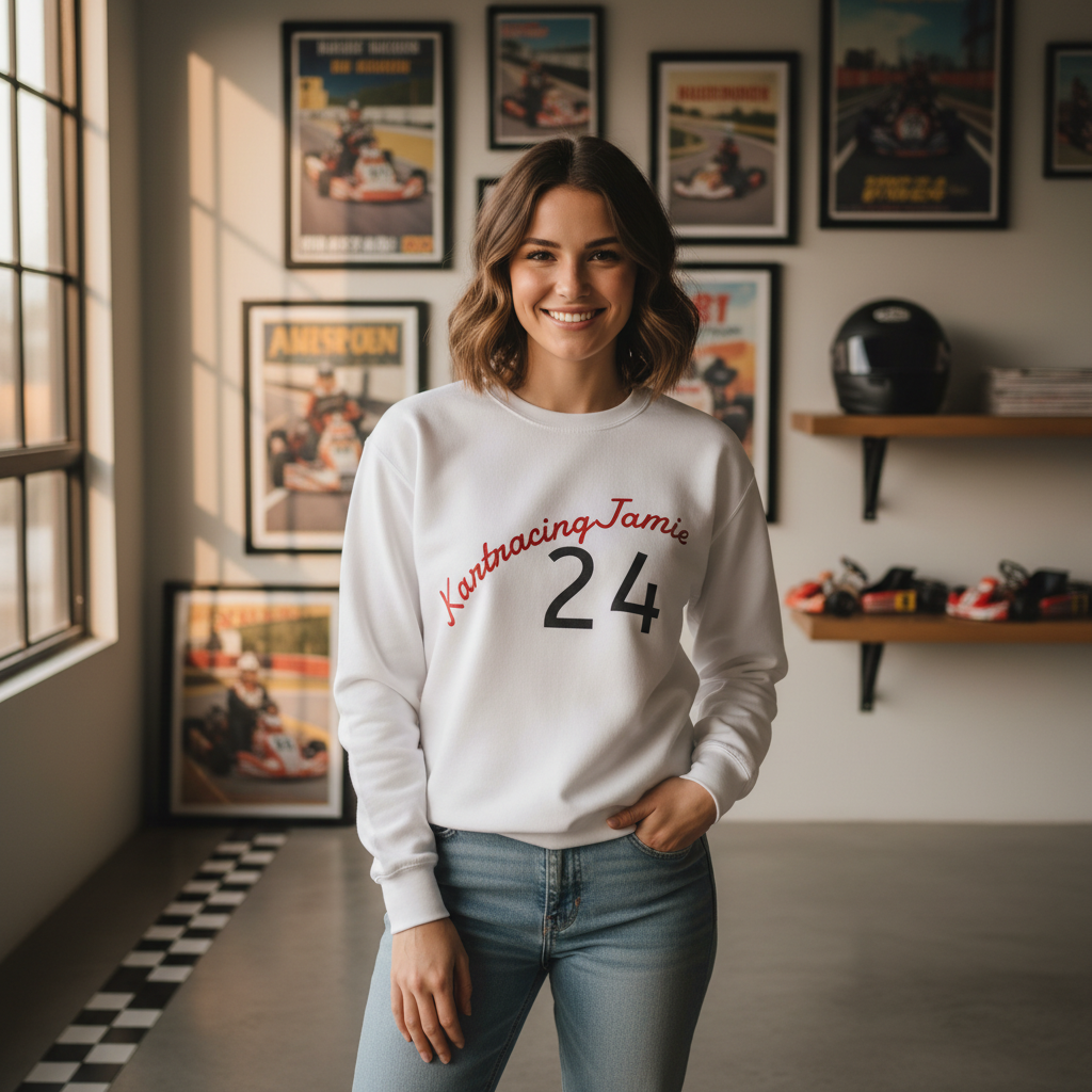 Mann trägt Go-Kart Racing Crewneck Sweatshirt mit Rennmotiven bei Kartbahn, umgeben von Go-Karts.