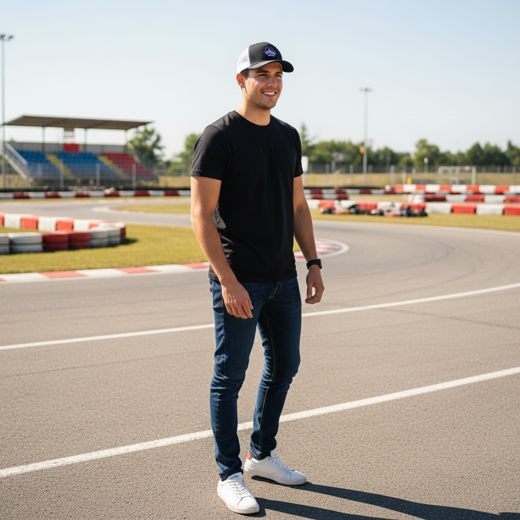 Mann trägt Mountain Lodge Snapback Trucker Cap beim Kartfahren, stilvoll in schwarzem T-Shirt und Jeans.