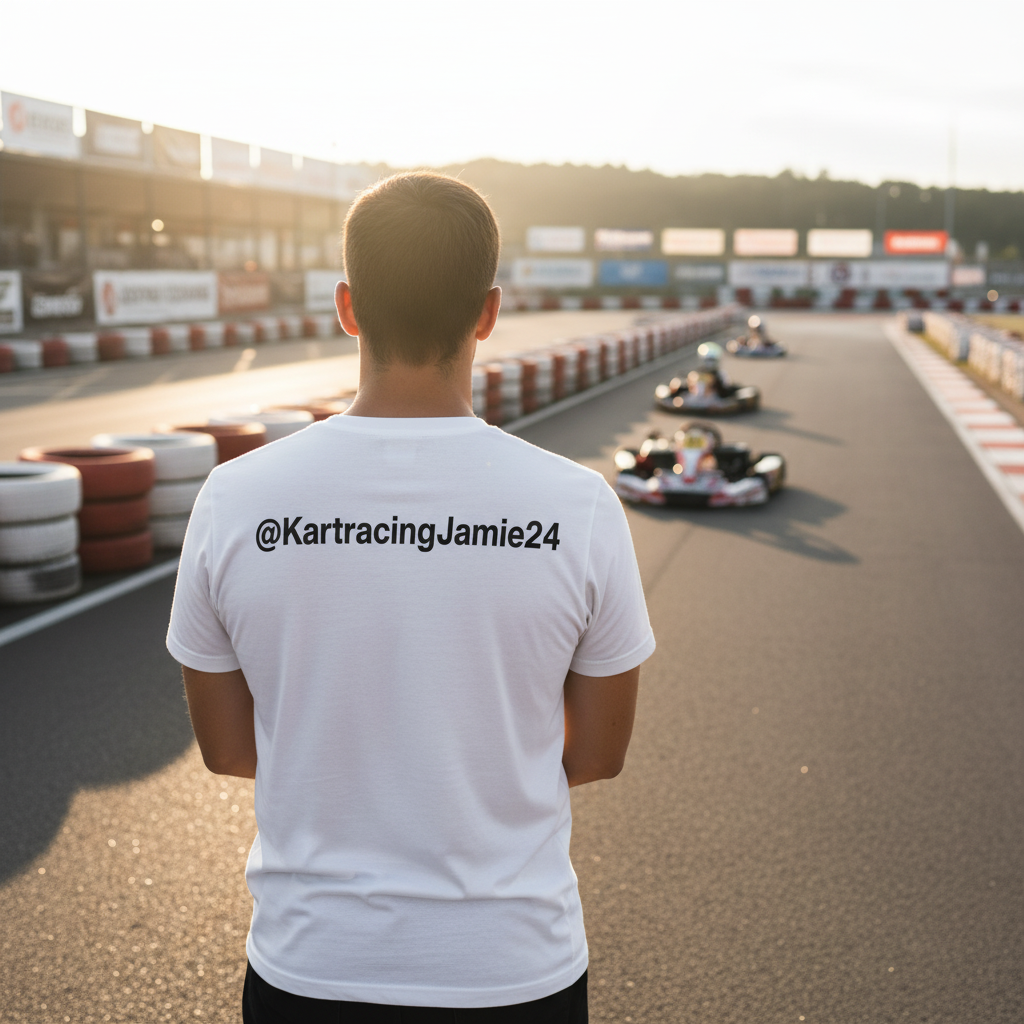 Go-Kart Racing T-Shirt Jamie 24 von hinten, mit @KartracingJamie24 auf dem Rücken, vor einer Rennstrecke.