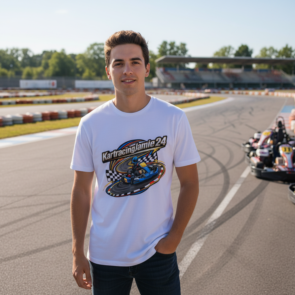Mann trägt ein Go-Kart Racing T-Shirt Jamie 24 während er auf der Rennstrecke steht.